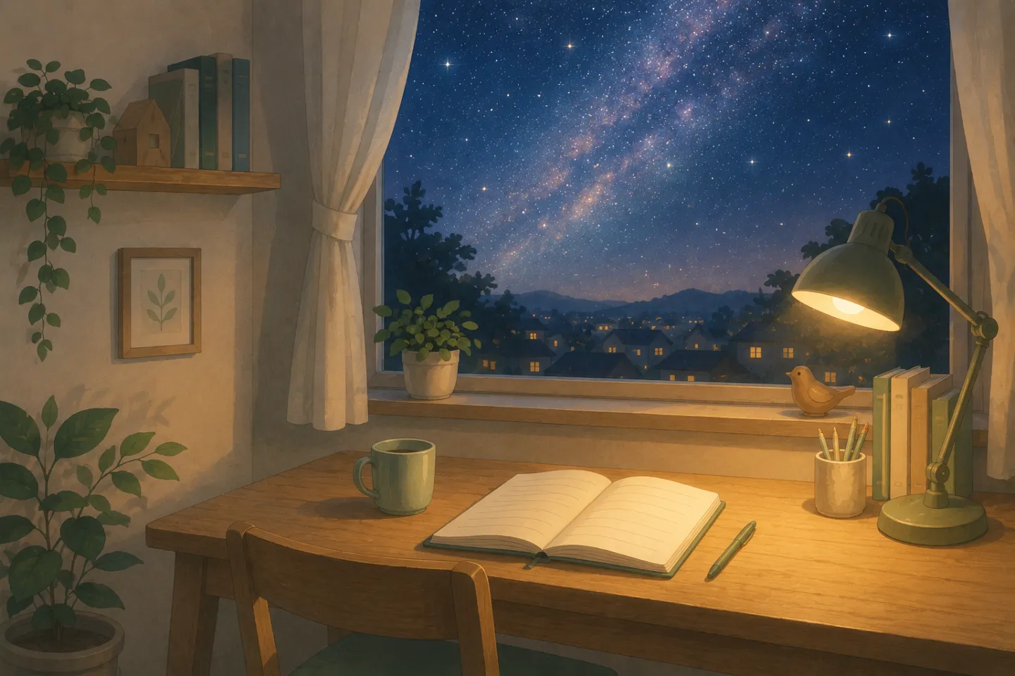 夜の窓辺で落ち着いて学ぶイメージ