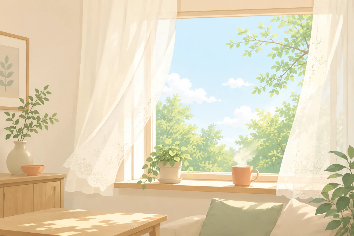 やわらかい朝の光がさす窓辺のイメージ